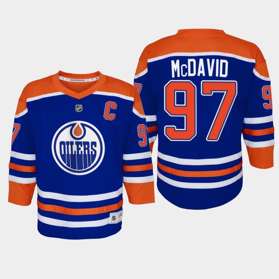 youth oilers connor mcdavid royal 2022 23 home replica player jersey