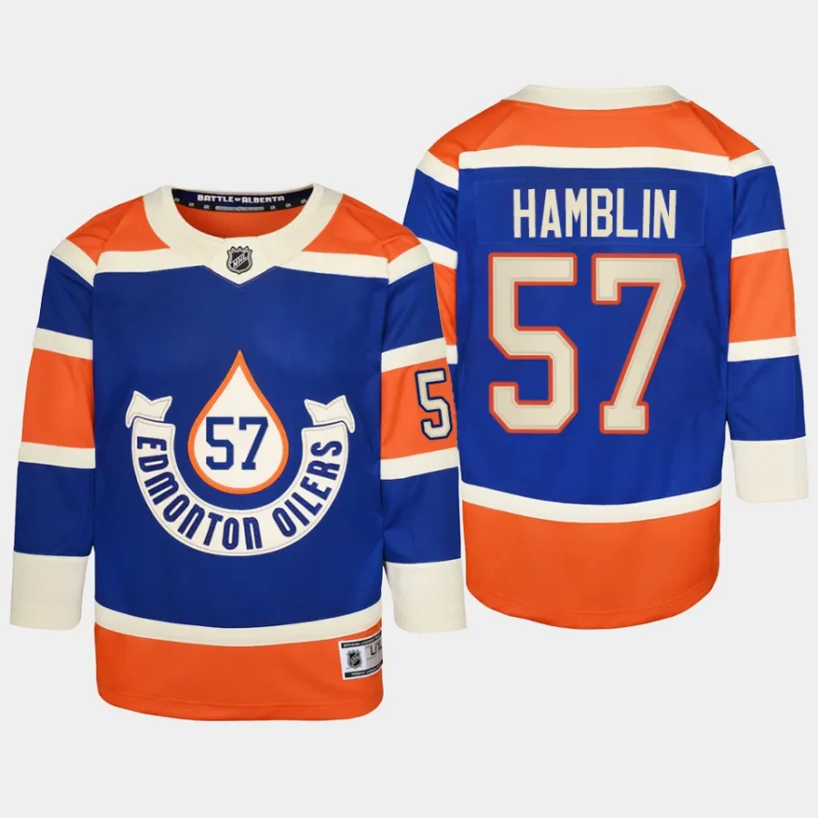 youth oilers james hamblin royal 2023 nhl heritage classic premier player jersey