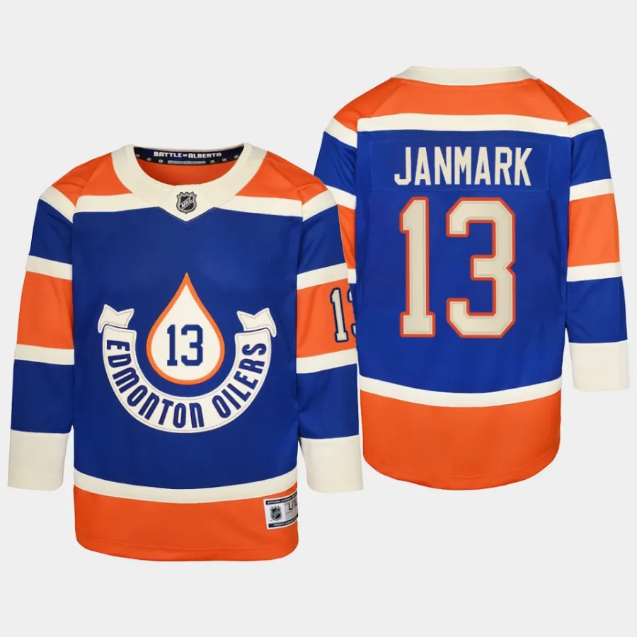 youth oilers mattias janmark royal 2023 nhl heritage classic premier player jersey