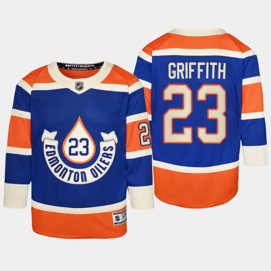 youth oilers seth griffith royal 2023 nhl heritage classic premier player jersey