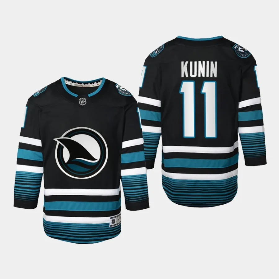 youth sharks luke kunin black 2023 24 cali fin 3rd alternate replica jersey