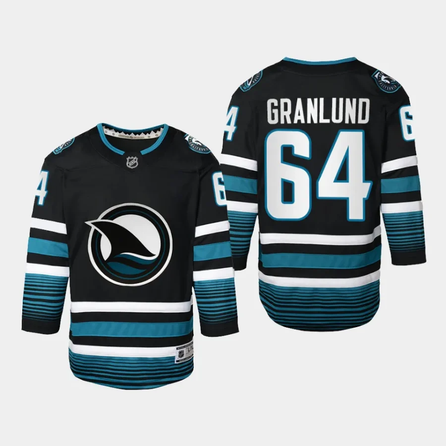 youth sharks mikael granlund black 2023 24 cali fin 3rd alternate replica jersey