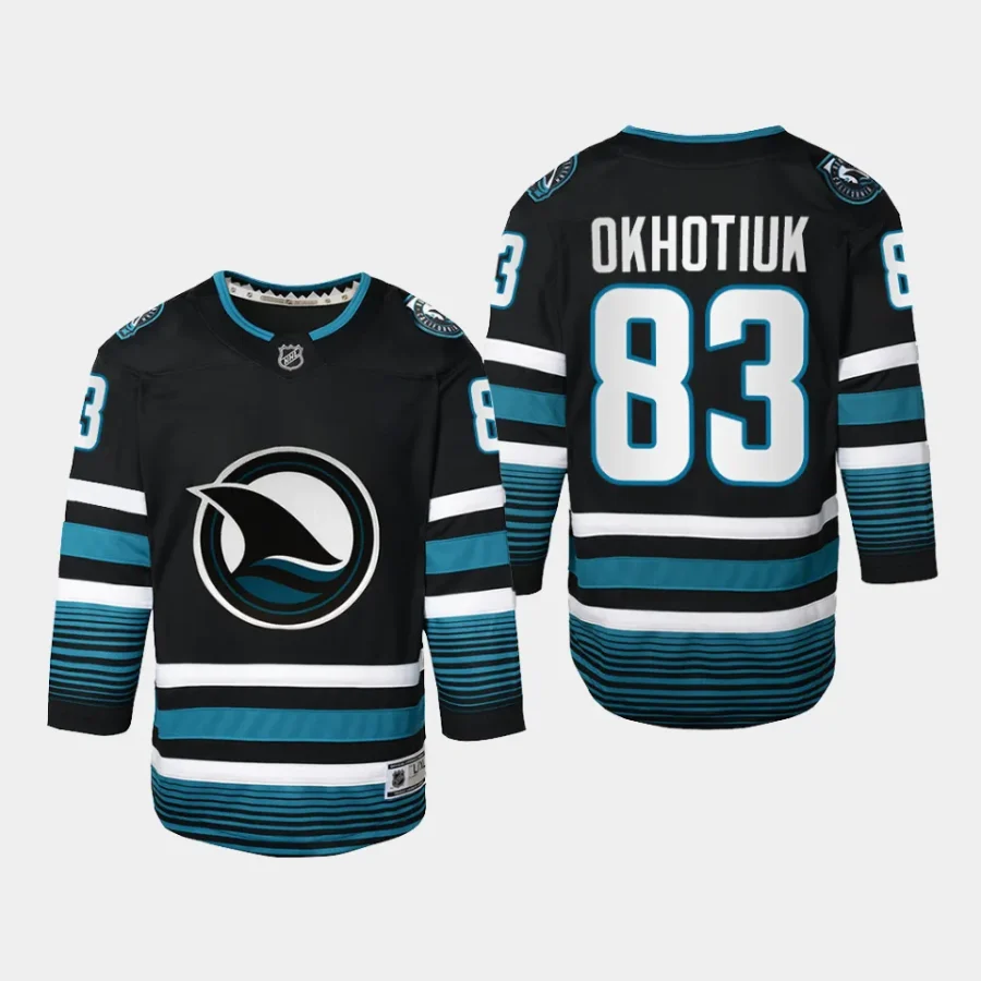 youth sharks nikita okhotiuk black 2023 24 cali fin 3rd alternate replica jersey