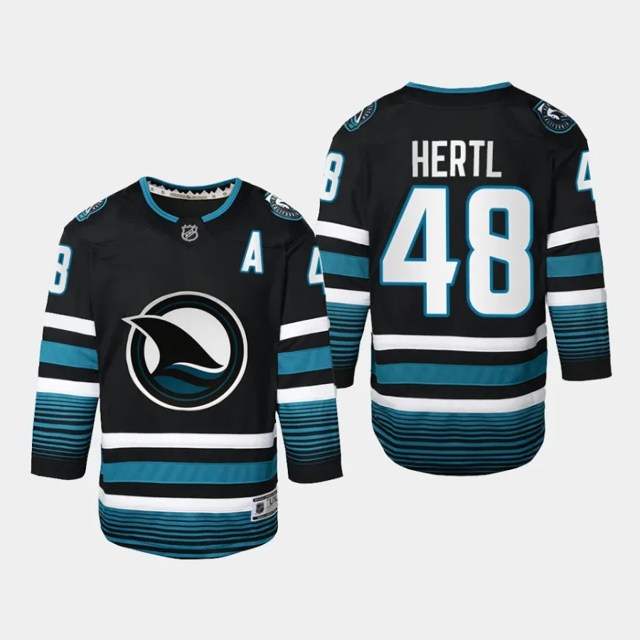 youth sharks tomas hertl black 2023 24 cali fin 3rd alternate replica jersey